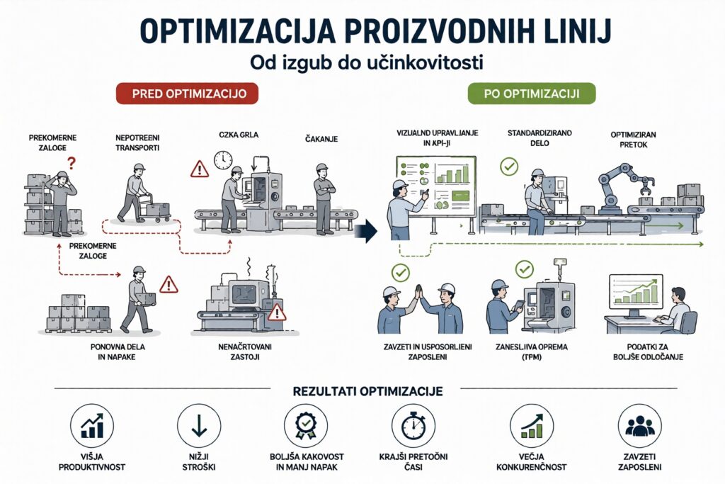Production line optimization infographic comparing inefficient production processes before optimization with improved productivity, quality, and workflow after optimization.